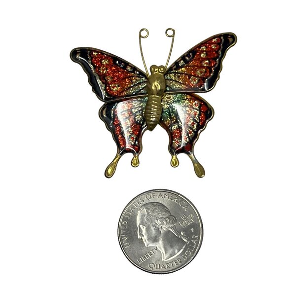 Vintage Butterfly Brooch Red Green Enamel and Glitter Pin - Picture 4 of 8